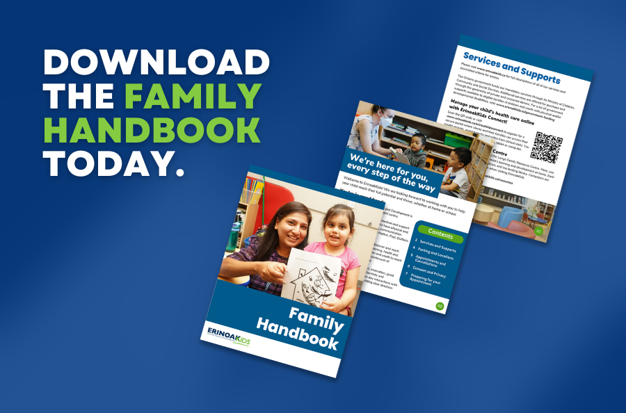 a graphic with 3 sample pages of the Family Handbook with text overlay reading: Download the Family Handbook Today,