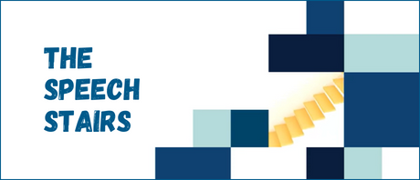 A graphic of blue squares making up the shape of steps with text overlay reading "The Speech Stairs"