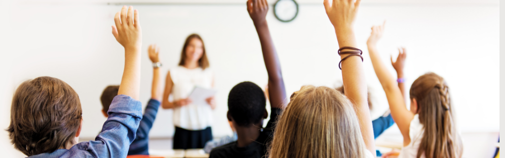 Students raise their hands in a classroom