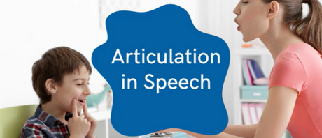 A child practicing speech sounds with text overlaying reading "Articulation in Speech"
