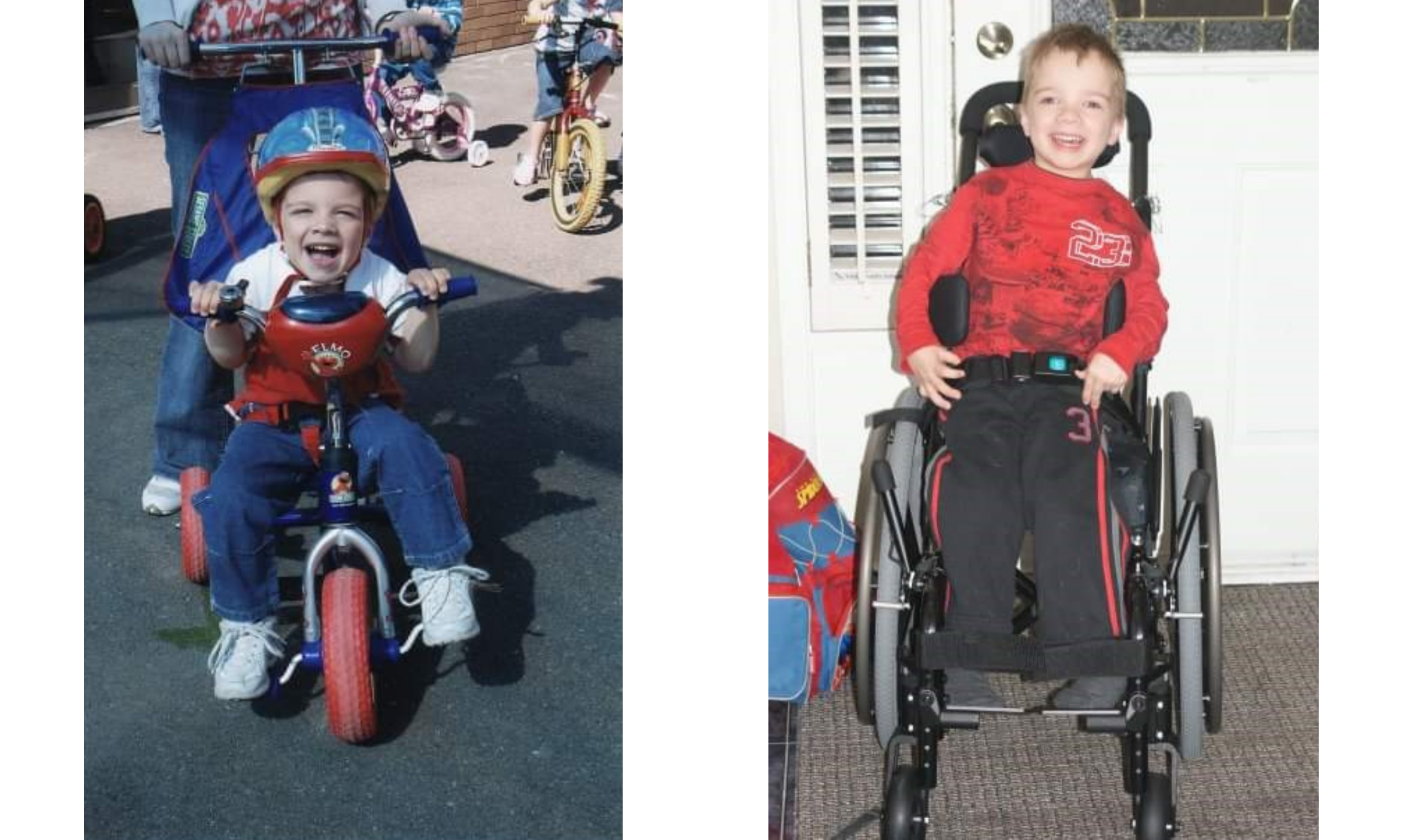 Andrew on his tricycle/Andrew in his first wheelchair