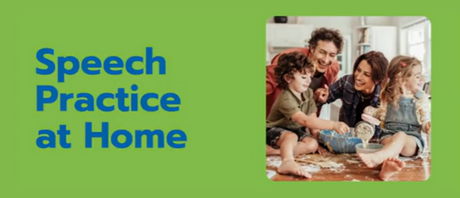 A family of mom dad son and daughter get messy with baking at home with speech overlay reading "Speech Practice at Home"
