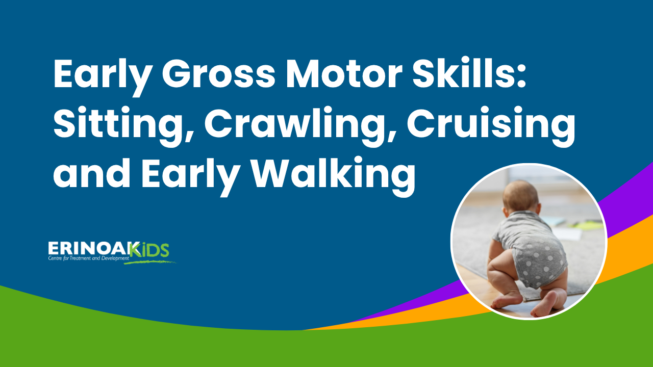 Graphic that reads "Early Gross Motor Skills: Sitting, Crawling, Cruising and Early Walking"